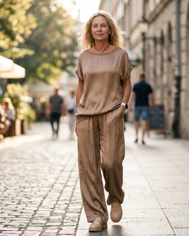 Completo Olivia Donna in Satin – Top Girocollo & Pantaloni Larghi con Vita Elastica