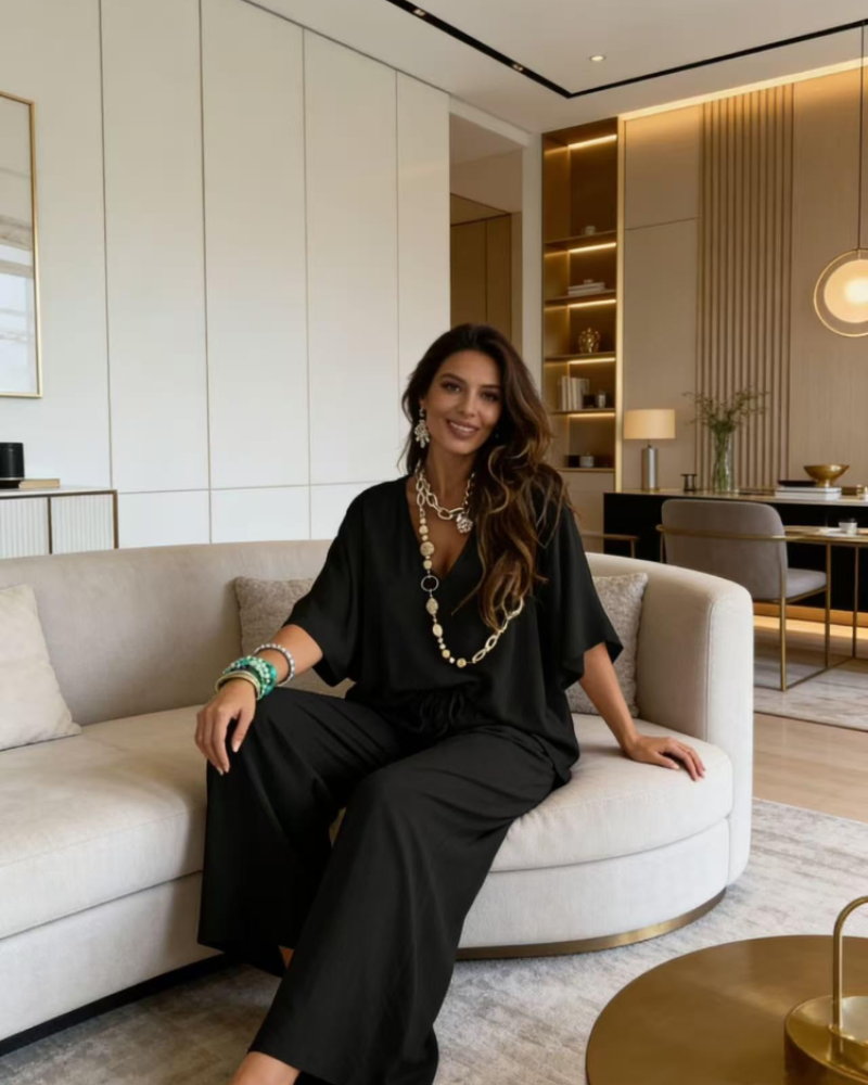 Giada Damen Ensemble 2-teilig – Oberteil mit V-Ausschnitt und Puffärmeln & weiter Hose