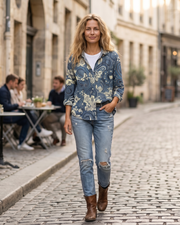 Dámska blúzka Amelia z ľanu – kvetovaný výstrih do V, dlhé rukávy so zapínaním na gombíky