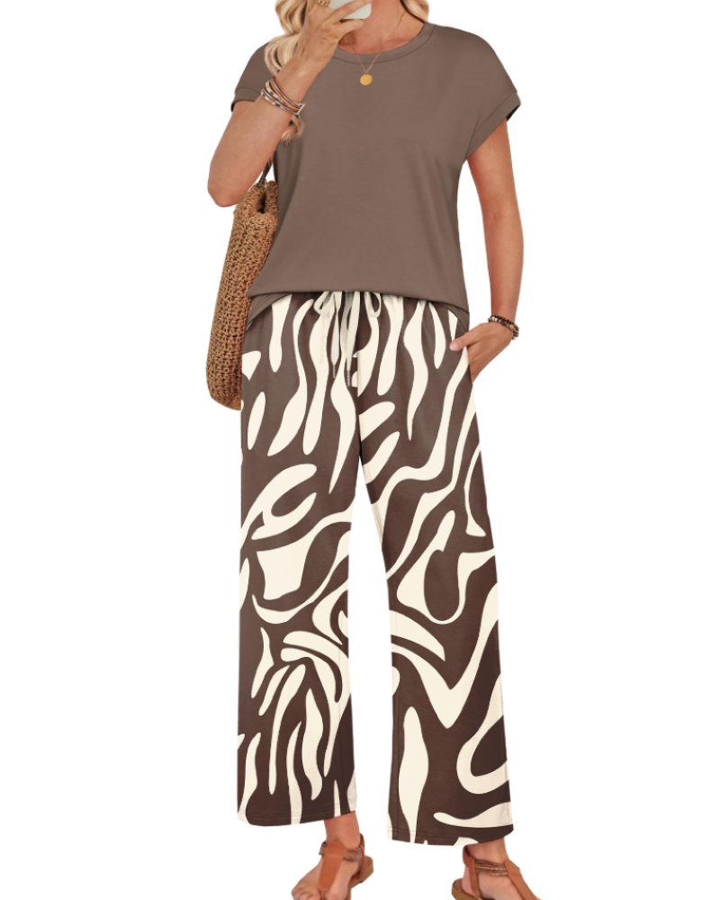 Marie Dames Lounge Set – Korte Mouwen Top & Wijde Broek met Koord