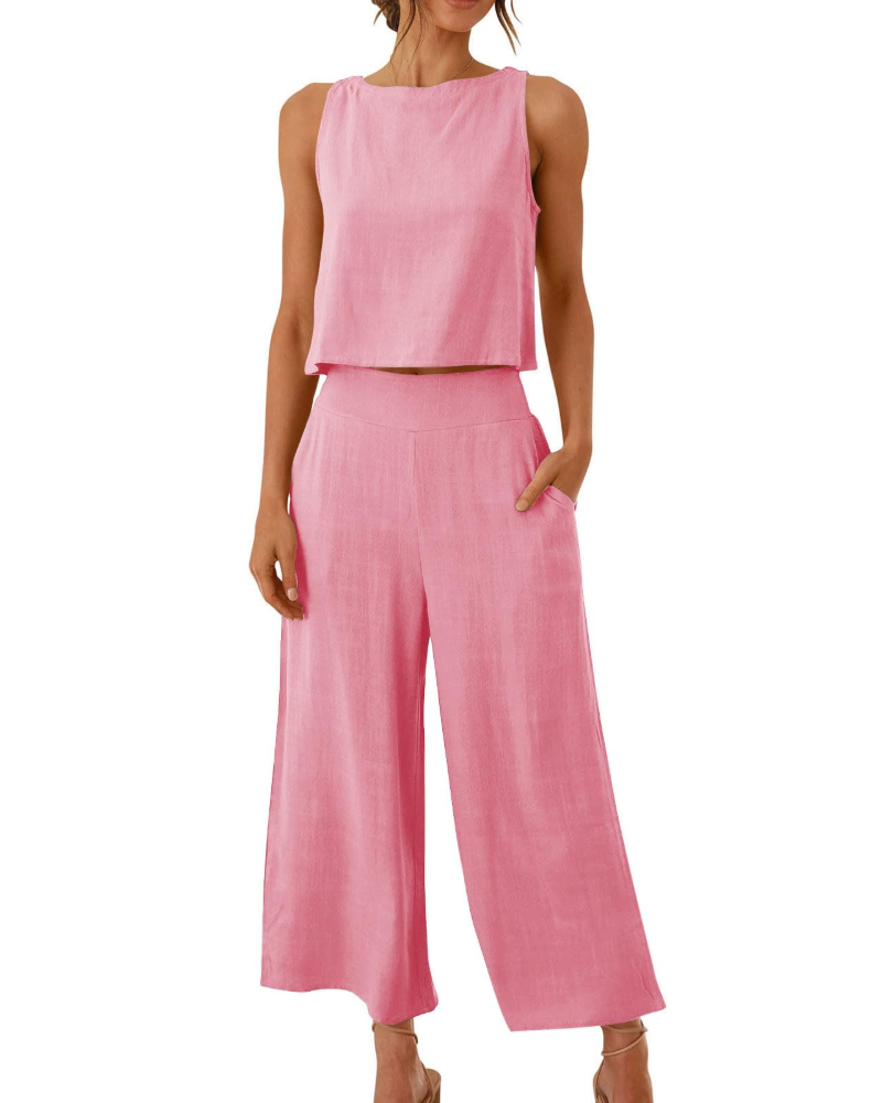 Conjunto Feminino Sophia em Linho 2 Peças – T-shirt & Calças Largas Confortáveis para o Verão