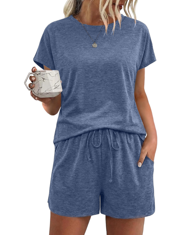 Emily Pyjama Femme Court en Coton – Ensemble 2 Pièces Léger avec Cordon & Poches