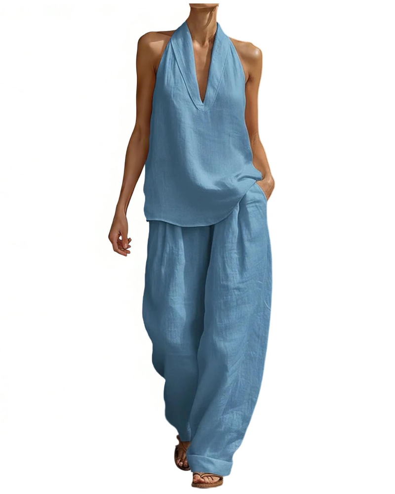 Lena Dames Zomer Ensemble – Linnen V-hals & Wijde Boheemse Broek