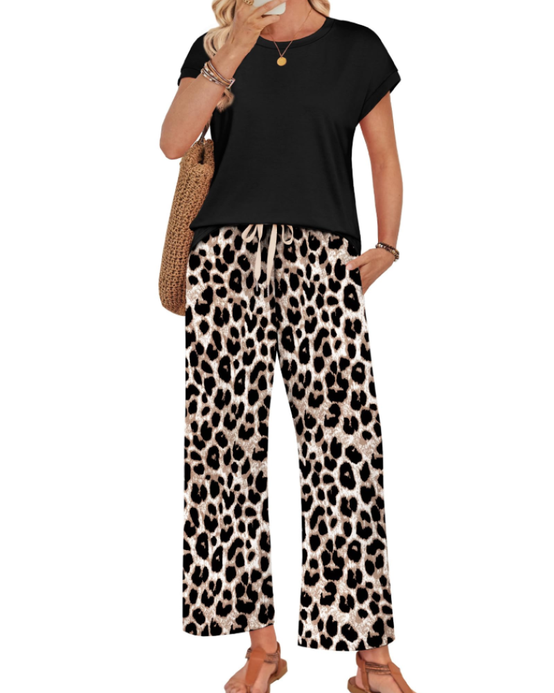 Marie Dames Lounge Set – Korte Mouwen Top & Wijde Broek met Koord