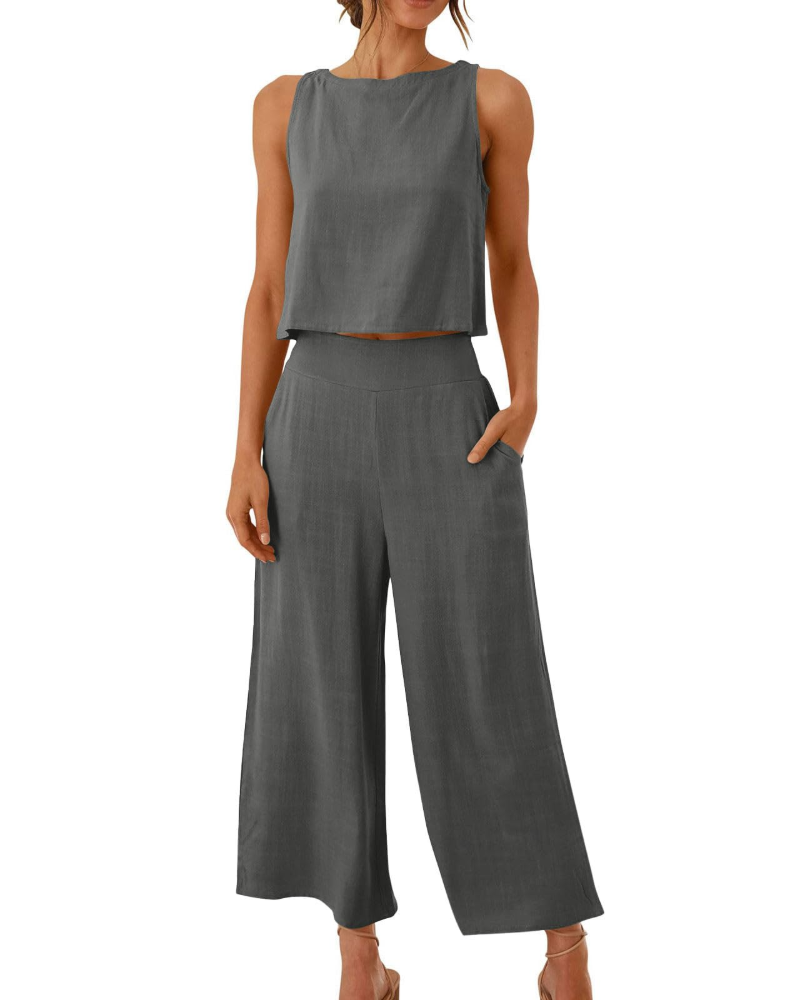 Conjunto Feminino Sophia em Linho 2 Peças – T-shirt & Calças Largas Confortáveis para o Verão