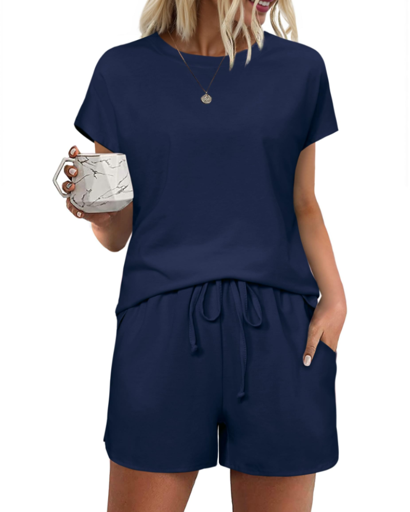 Emily Pyjama Femme Court en Coton – Ensemble 2 Pièces Léger avec Cordon & Poches
