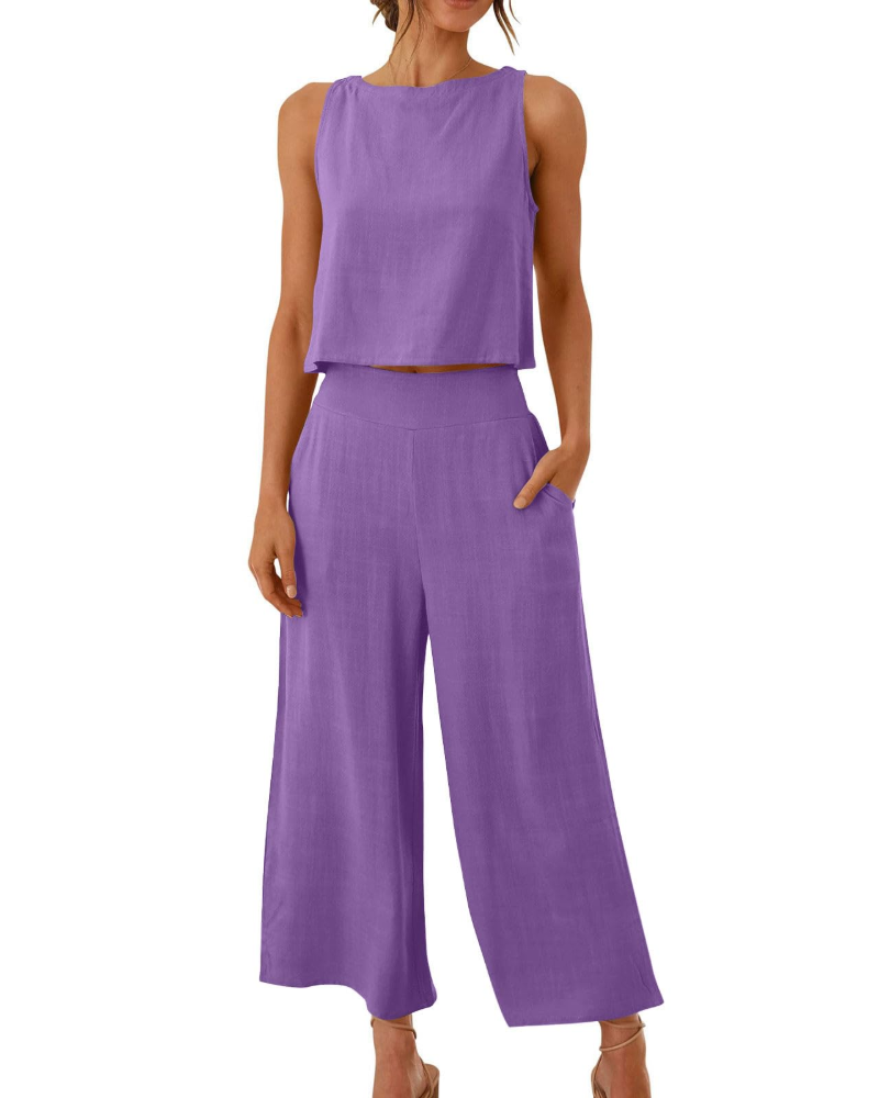 Conjunto Feminino Sophia em Linho 2 Peças – T-shirt & Calças Largas Confortáveis para o Verão