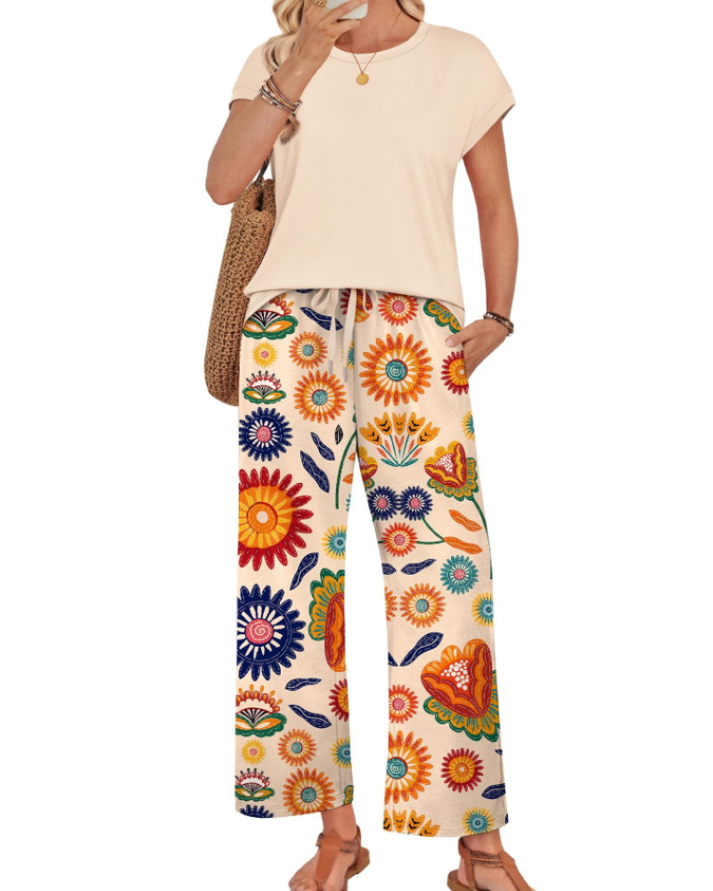 Marie Dames Lounge Set – Korte Mouwen Top & Wijde Broek met Koord