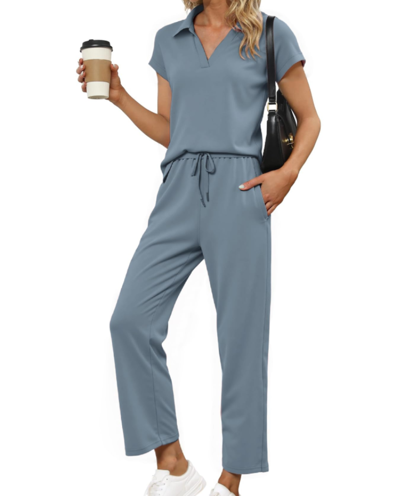 Chloe Ensemble Femme 2 Pièces – Haut Col V & Pantalon Large Confortable pour Voyage