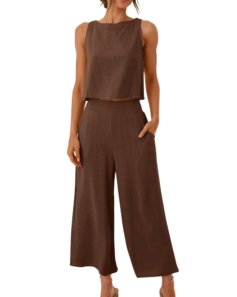 Conjunto Feminino Sophia em Linho 2 Peças – T-shirt & Calças Largas Confortáveis para o Verão