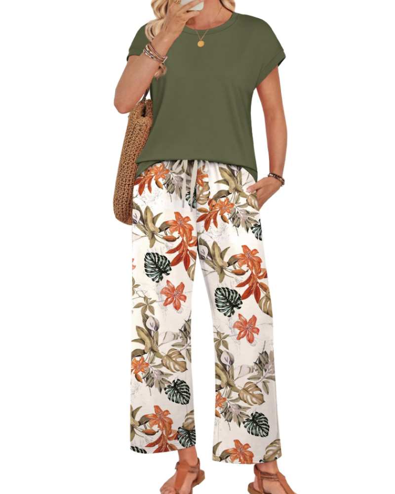 Marie Dames Lounge Set – Korte Mouwen Top & Wijde Broek met Koord