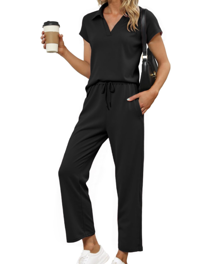 Chloe Ensemble Femme 2 Pièces – Haut Col V & Pantalon Large Confortable pour Voyage
