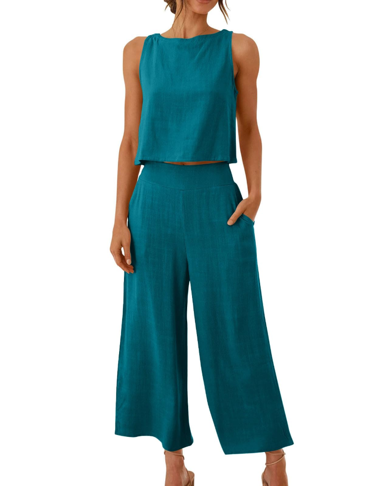 Conjunto Feminino Sophia em Linho 2 Peças – T-shirt & Calças Largas Confortáveis para o Verão