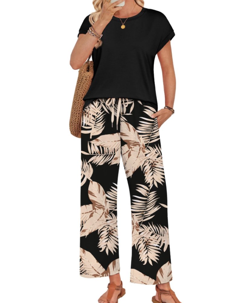 Marie Dames Lounge Set – Korte Mouwen Top & Wijde Broek met Koord