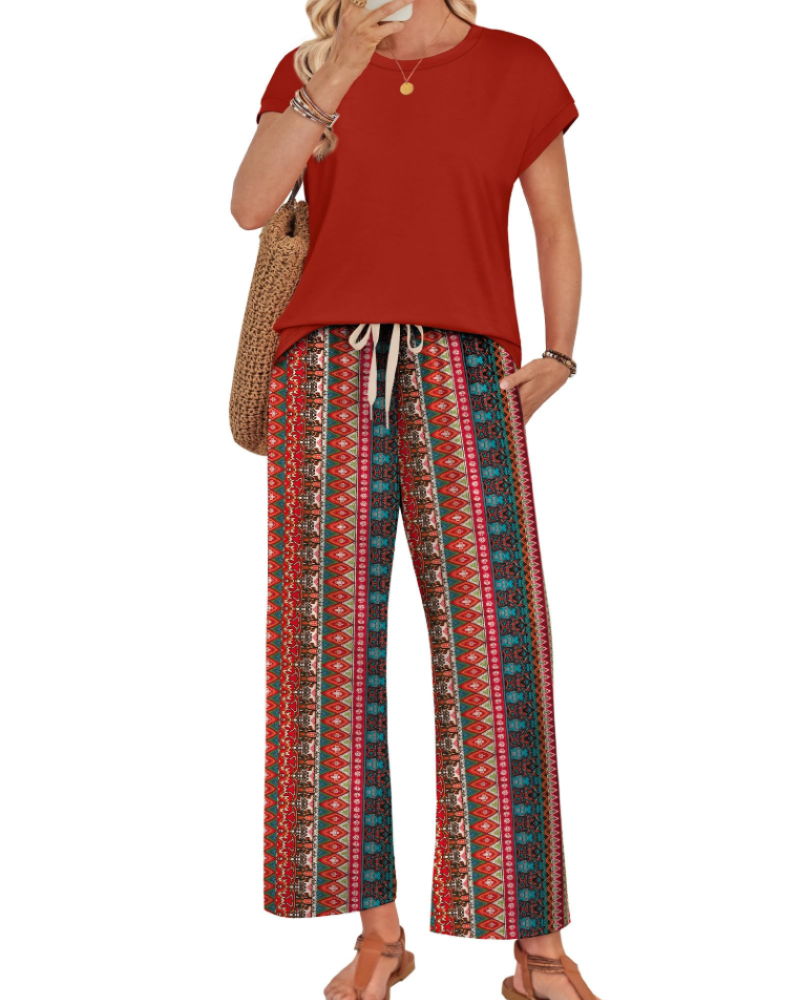 Marie Dames Lounge Set – Korte Mouwen Top & Wijde Broek met Koord