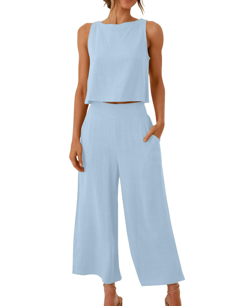 Conjunto Feminino Sophia em Linho 2 Peças – T-shirt & Calças Largas Confortáveis para o Verão