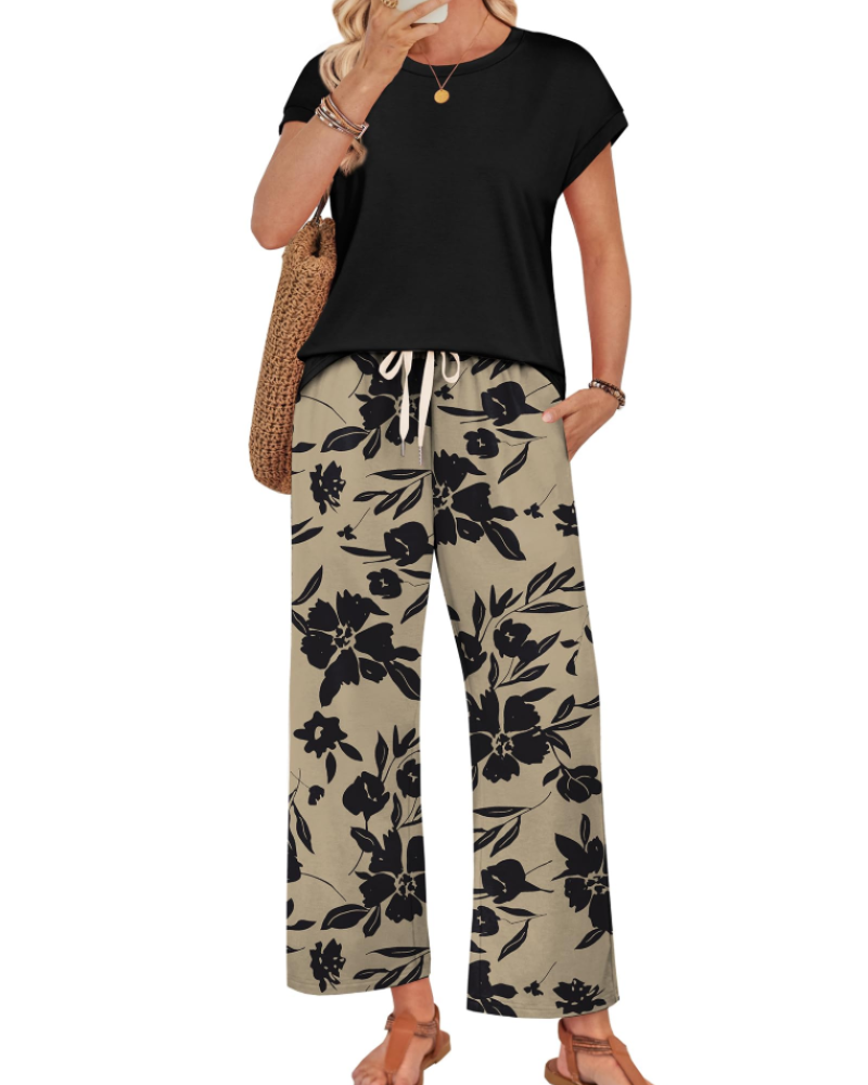 Marie Dames Lounge Set – Korte Mouwen Top & Wijde Broek met Koord