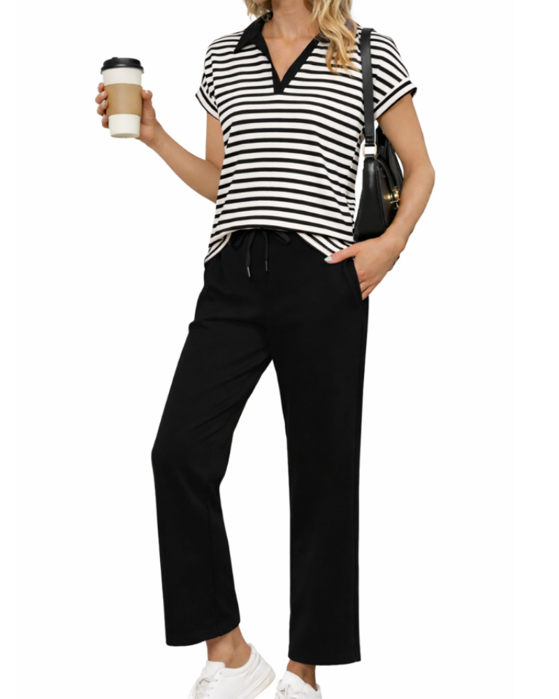 Chloe Ensemble Femme 2 Pièces – Haut Col V & Pantalon Large Confortable pour Voyage