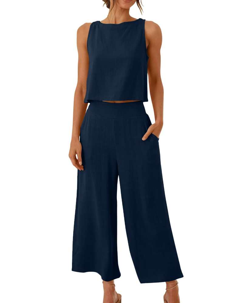 Conjunto Feminino Sophia em Linho 2 Peças – T-shirt & Calças Largas Confortáveis para o Verão