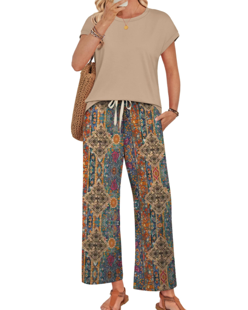 Marie Dames Lounge Set – Korte Mouwen Top & Wijde Broek met Koord