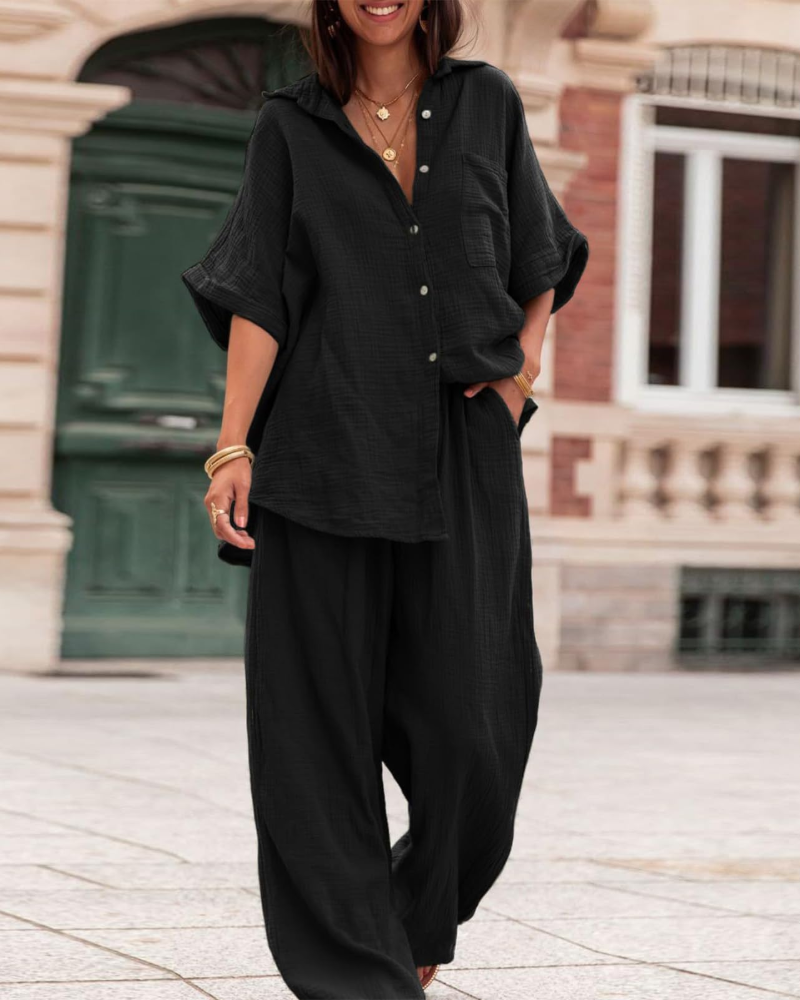 Ava Damen Sommer Ensemble – Hemd mit Knöpfen & Weite Hose mit Hoher Taille