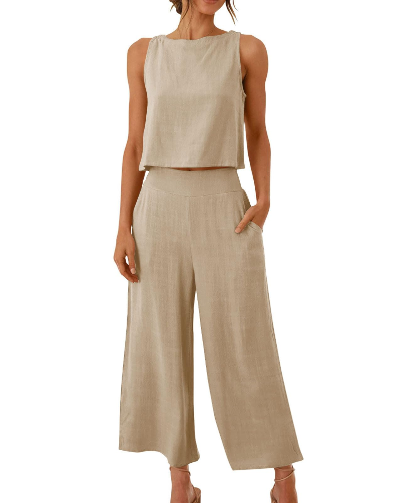 Conjunto Feminino Sophia em Linho 2 Peças – T-shirt & Calças Largas Confortáveis para o Verão