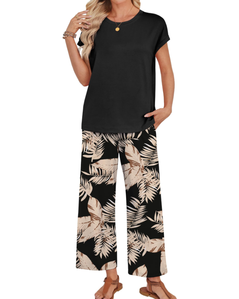 Marie Dames Lounge Set – Korte Mouwen Top & Wijde Broek met Koord