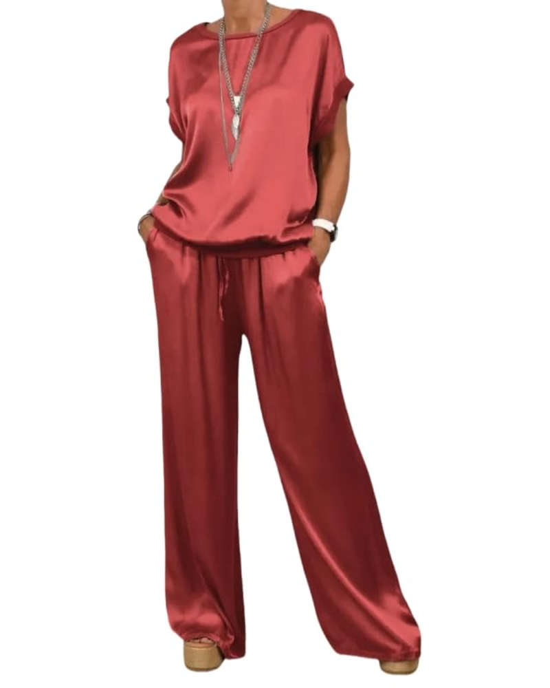Completo Olivia Donna in Satin – Top Girocollo & Pantaloni Larghi con Vita Elastica