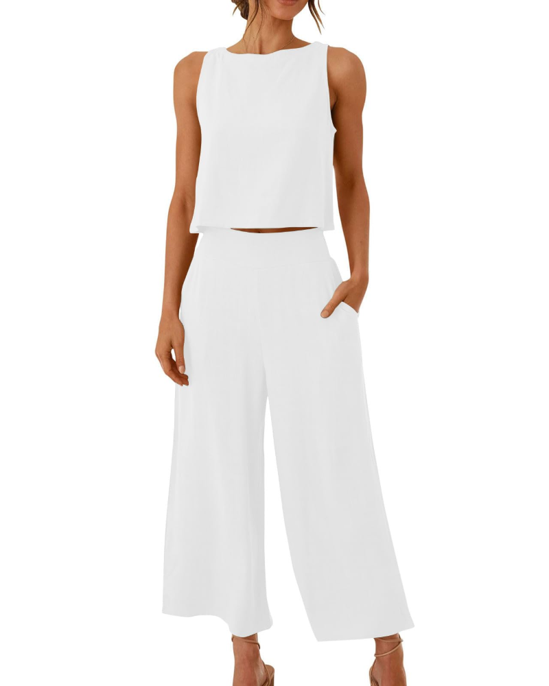 Conjunto Feminino Sophia em Linho 2 Peças – T-shirt & Calças Largas Confortáveis para o Verão