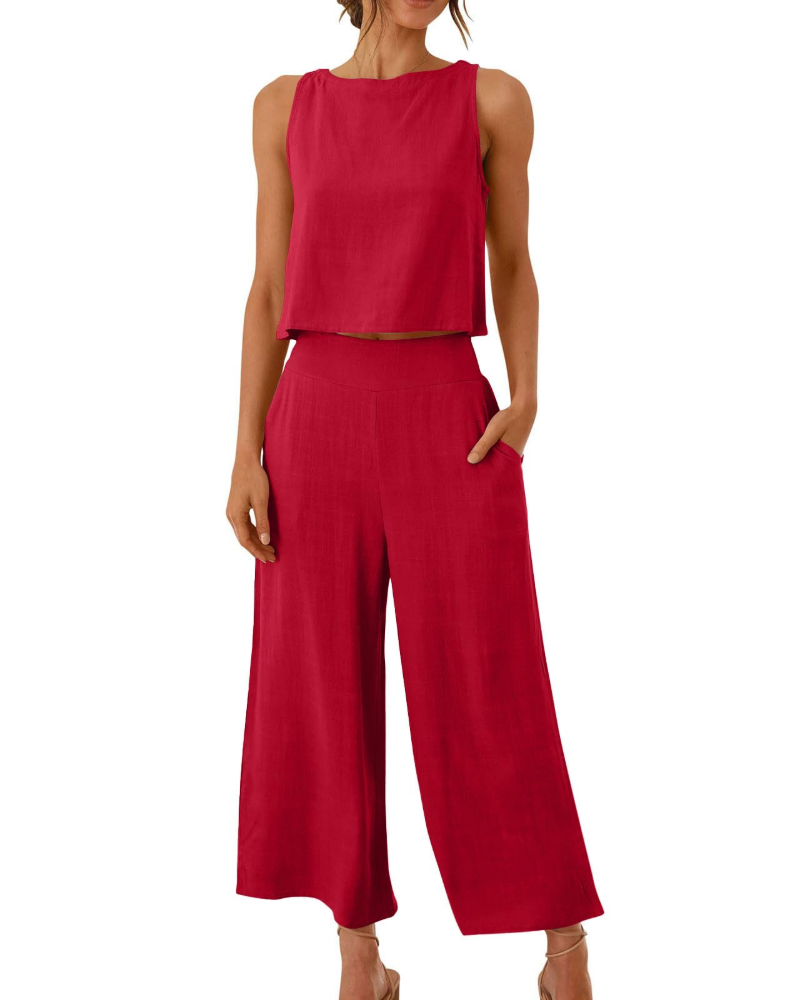 Conjunto Feminino Sophia em Linho 2 Peças – T-shirt & Calças Largas Confortáveis para o Verão