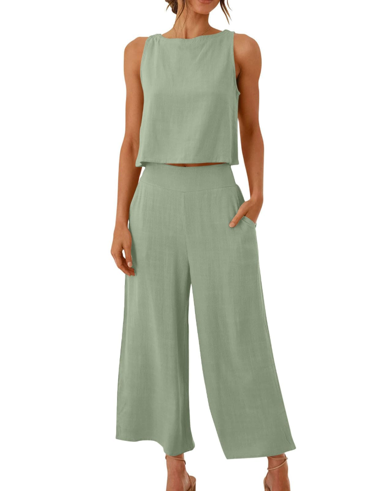 Conjunto Feminino Sophia em Linho 2 Peças – T-shirt & Calças Largas Confortáveis para o Verão