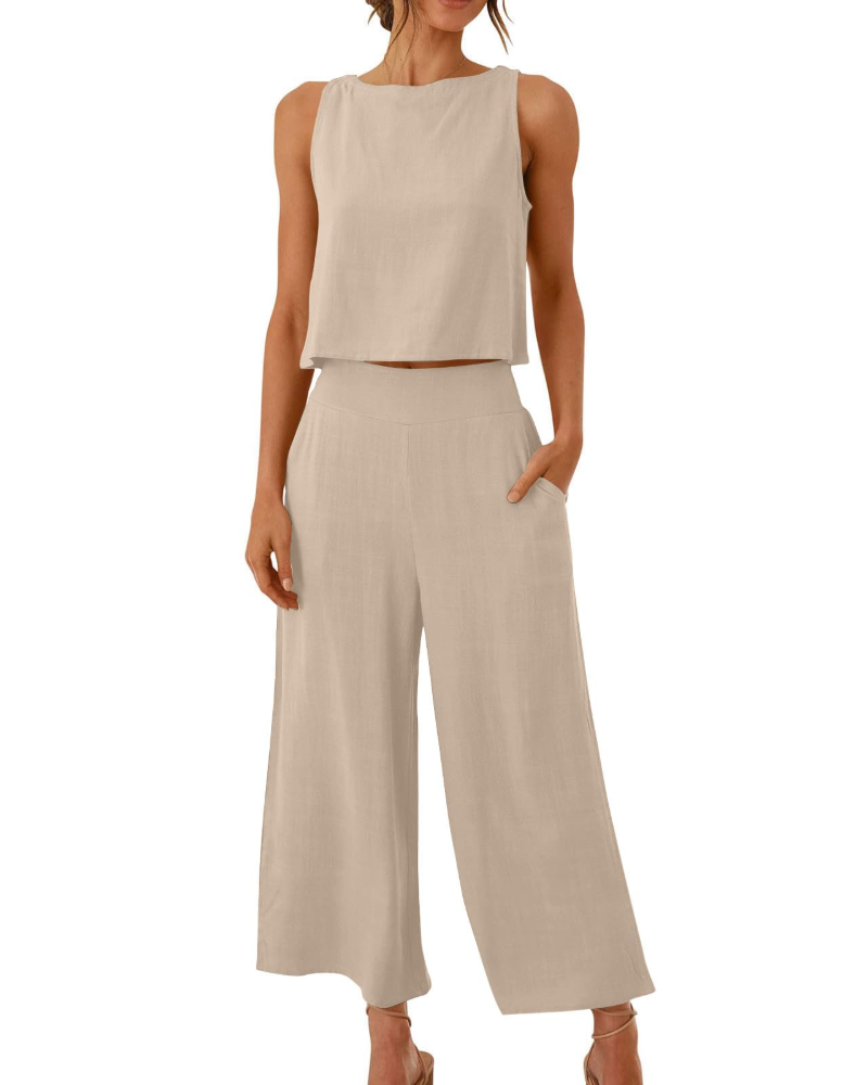 Conjunto Feminino Sophia em Linho 2 Peças – T-shirt & Calças Largas Confortáveis para o Verão