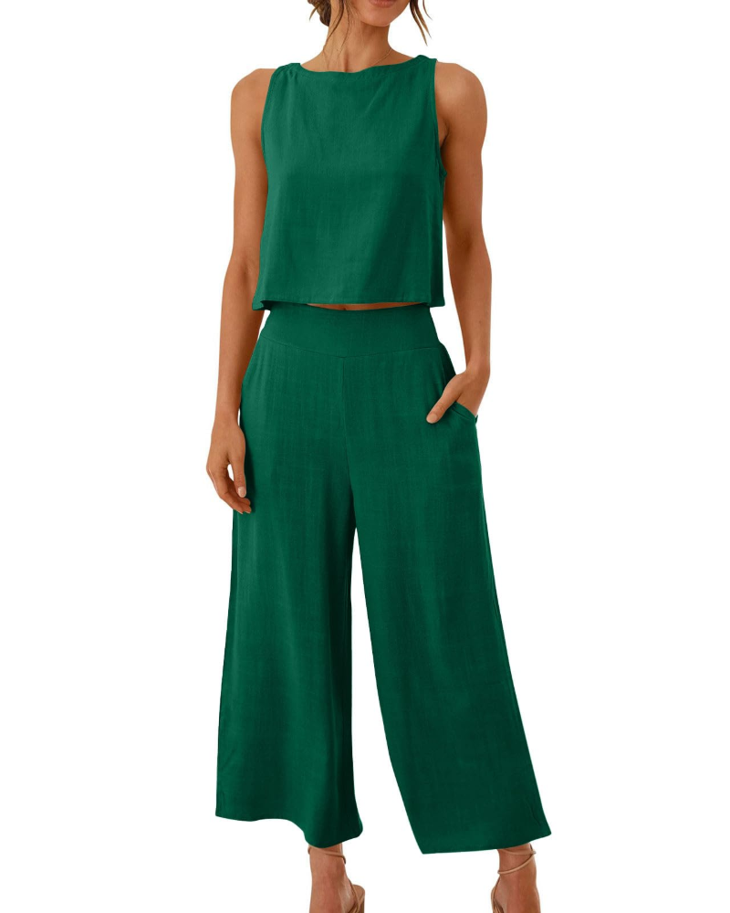Conjunto Feminino Sophia em Linho 2 Peças – T-shirt & Calças Largas Confortáveis para o Verão
