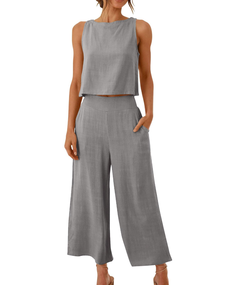Conjunto Feminino Sophia em Linho 2 Peças – T-shirt & Calças Largas Confortáveis para o Verão