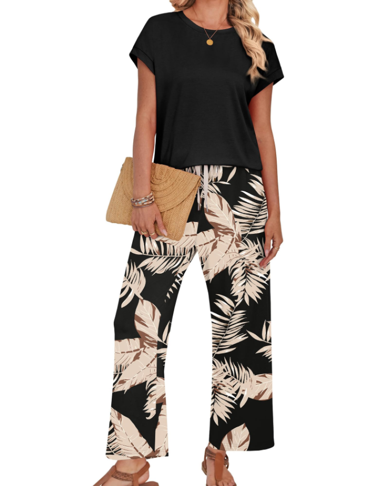 Marie Dames Lounge Set – Korte Mouwen Top & Wijde Broek met Koord