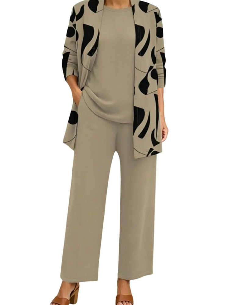 Conjunto Sophia para Mujer de 3 Piezas – Chaqueta 3/4, Camiseta sin Mangas y Pantalón Elegante