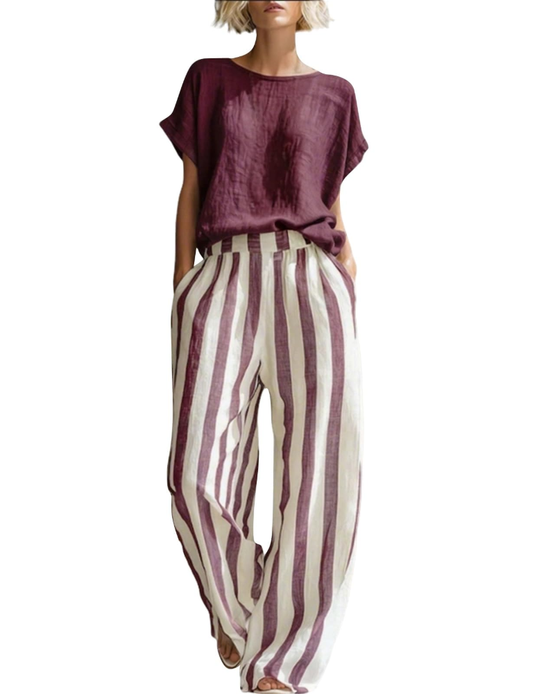 Sophia Ensemble Femme en Lin – Set 2 Pièces Élégant avec Haut & Pantalon Rayé d’Été
