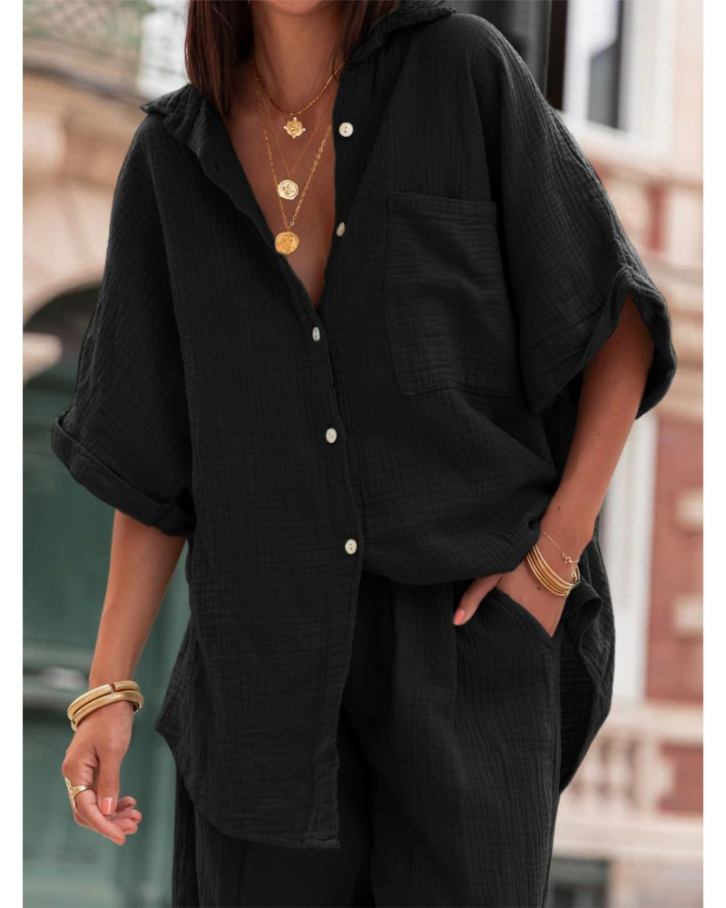 Completo Donna Estate Ava – Camicia con Bottoni & Pantaloni Larghi a Vita Alta