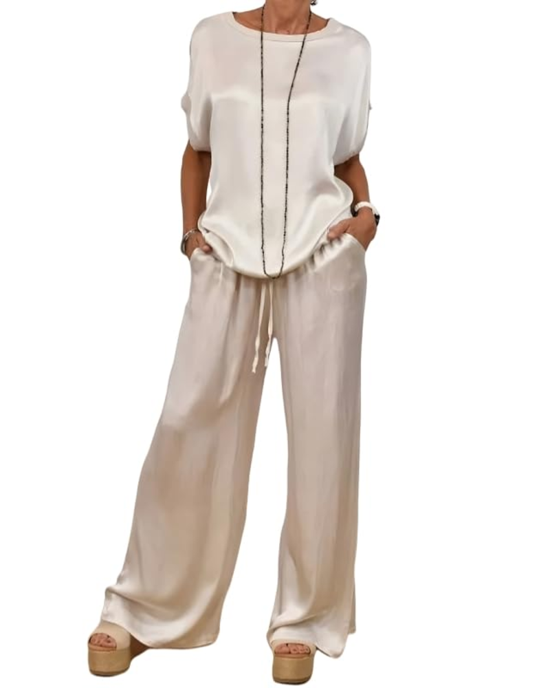 Completo Olivia Donna in Satin – Top Girocollo & Pantaloni Larghi con Vita Elastica