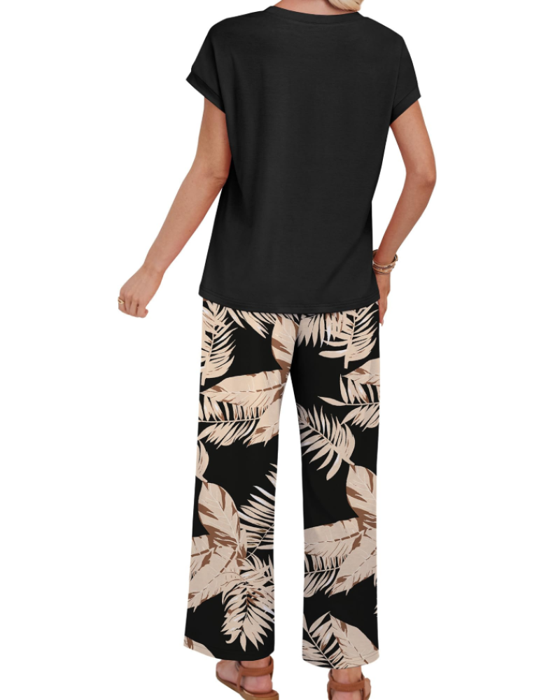 Marie Dames Lounge Set – Korte Mouwen Top & Wijde Broek met Koord