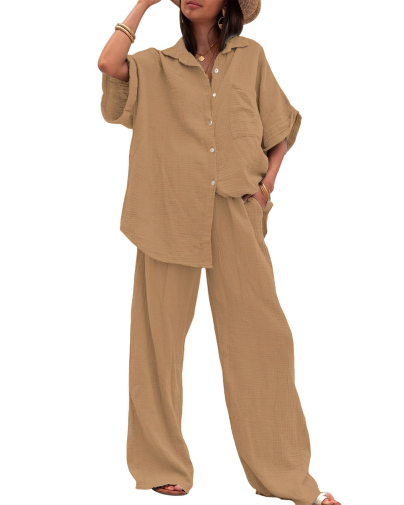 Completo Donna Estate Ava – Camicia con Bottoni & Pantaloni Larghi a Vita Alta