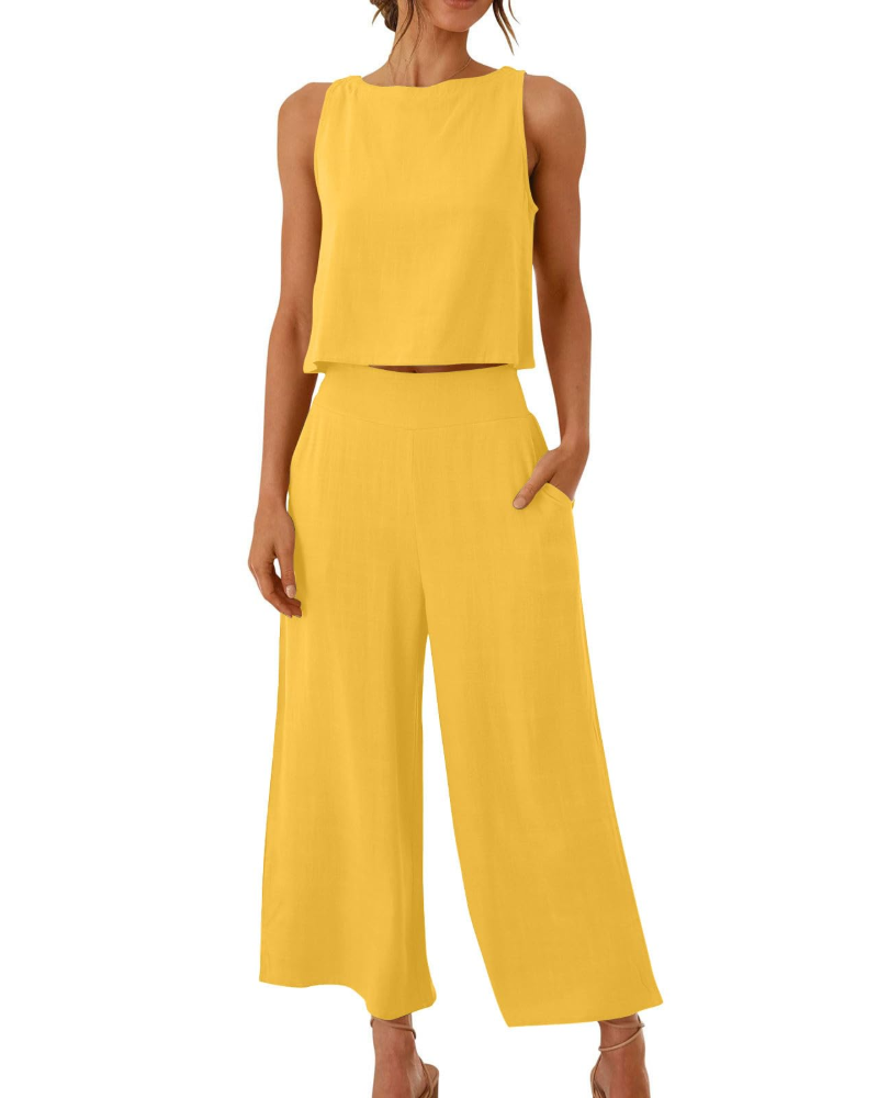 Conjunto Feminino Sophia em Linho 2 Peças – T-shirt & Calças Largas Confortáveis para o Verão