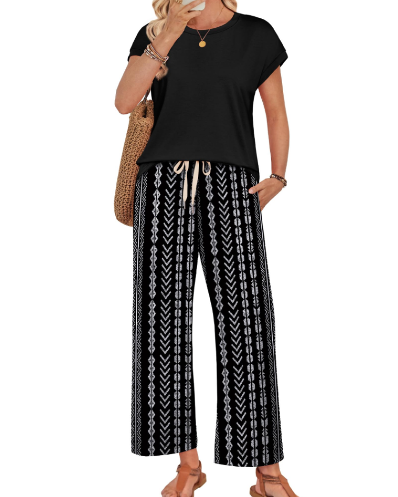 Marie Dames Lounge Set – Korte Mouwen Top & Wijde Broek met Koord