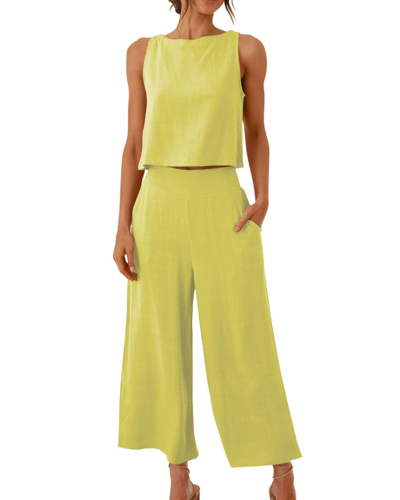 Conjunto Feminino Sophia em Linho 2 Peças – T-shirt & Calças Largas Confortáveis para o Verão