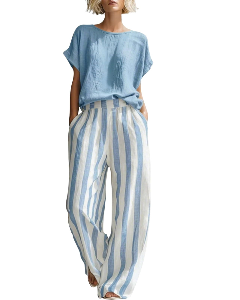 Sophia Ensemble Femme en Lin – Set 2 Pièces Élégant avec Haut & Pantalon Rayé d’Été