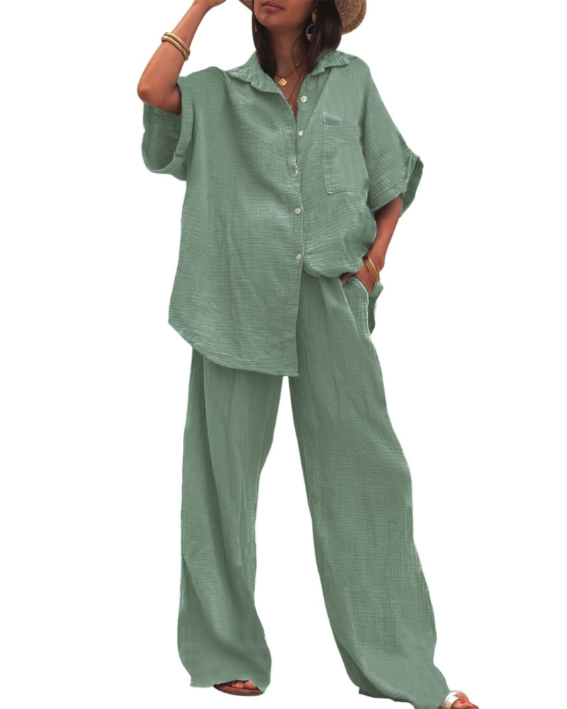 Completo Donna Estate Ava – Camicia con Bottoni & Pantaloni Larghi a Vita Alta