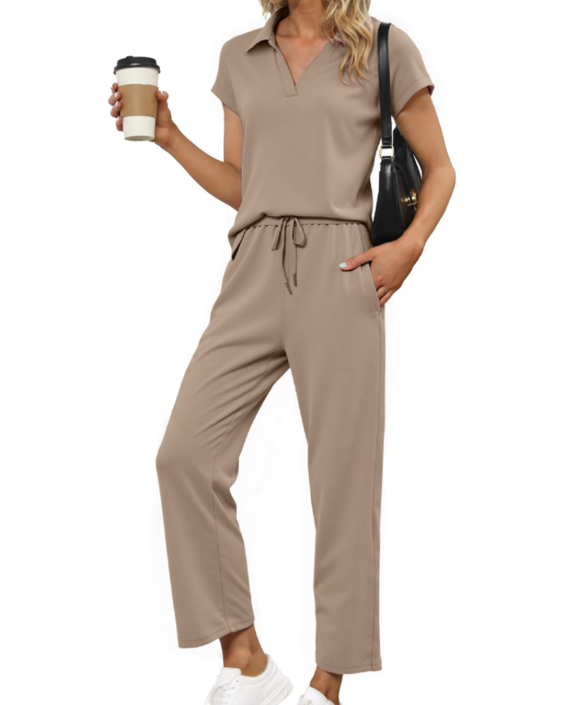 Chloe Ensemble Femme 2 Pièces – Haut Col V & Pantalon Large Confortable pour Voyage