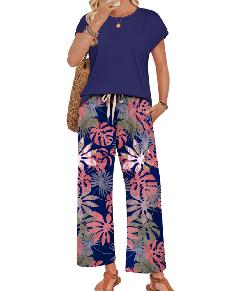 Marie Dames Lounge Set – Korte Mouwen Top & Wijde Broek met Koord