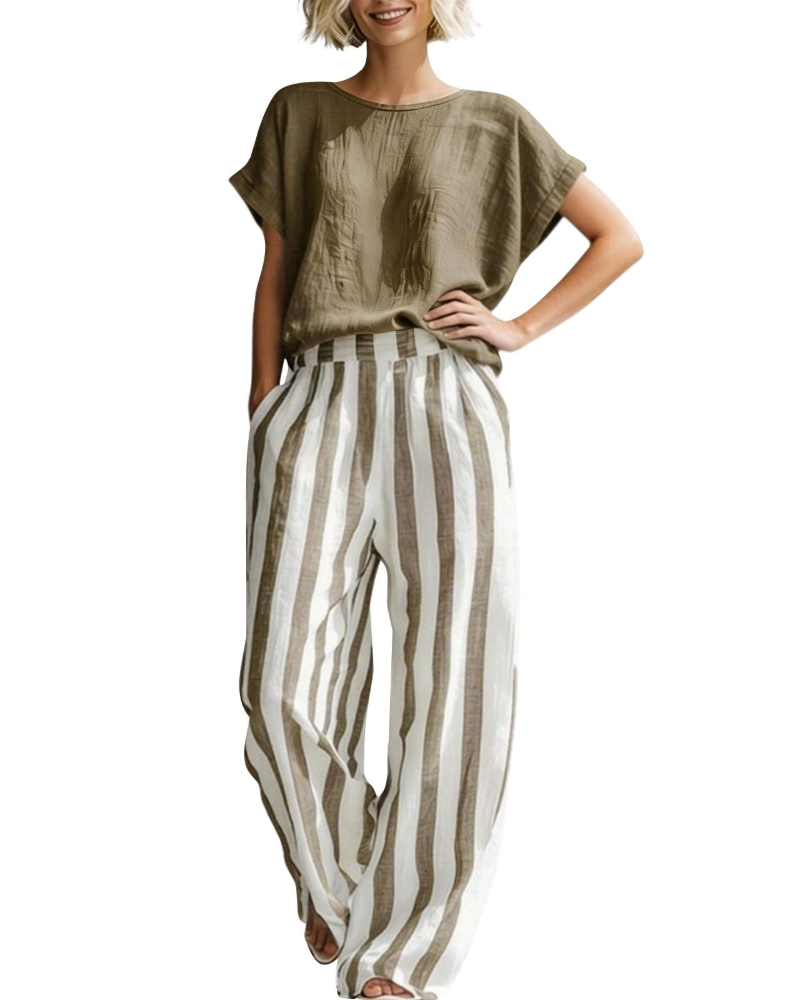 Sophia Ensemble Femme en Lin – Set 2 Pièces Élégant avec Haut & Pantalon Rayé d’Été