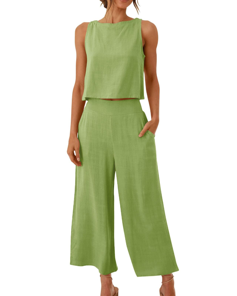 Conjunto Feminino Sophia em Linho 2 Peças – T-shirt & Calças Largas Confortáveis para o Verão